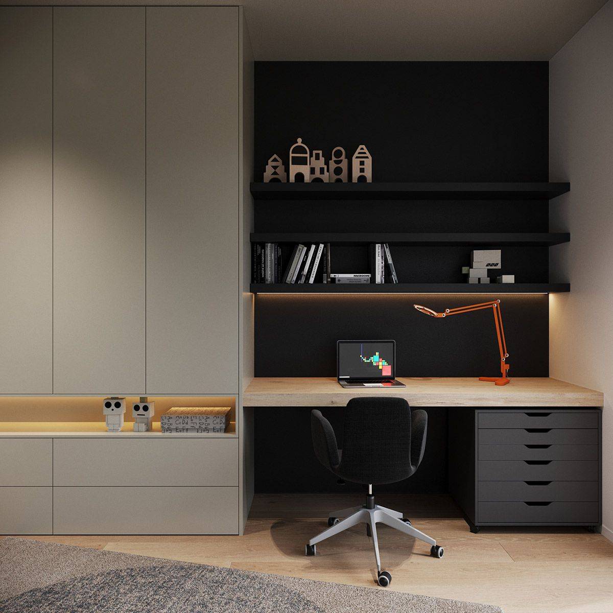 Kantor minimalis dengan tema warna gelap