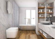 Minimalist Wood Tile Bathroom With Gray Marble Tiles