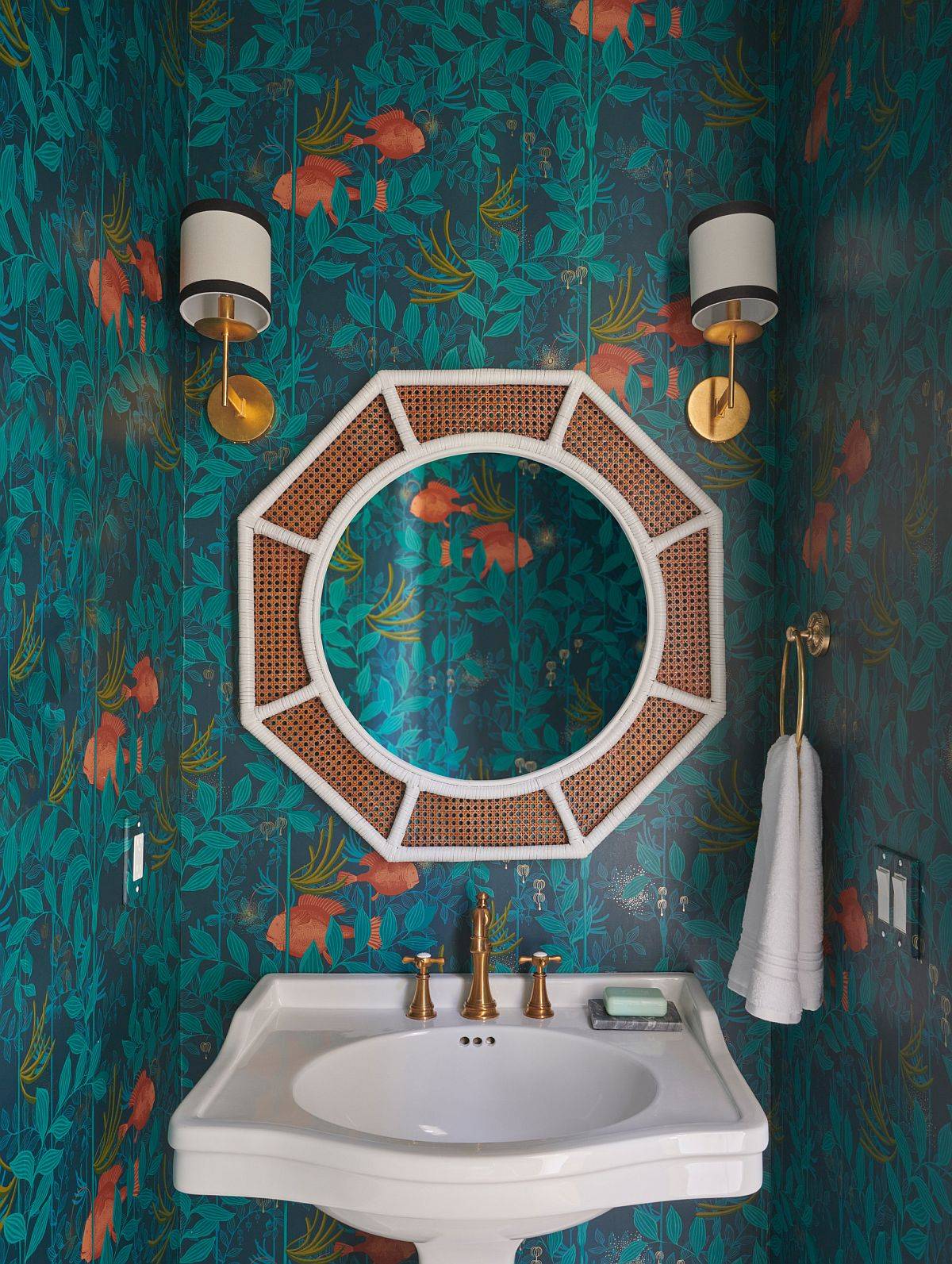 Modern beach style powder room with a touch of sophisticated glam