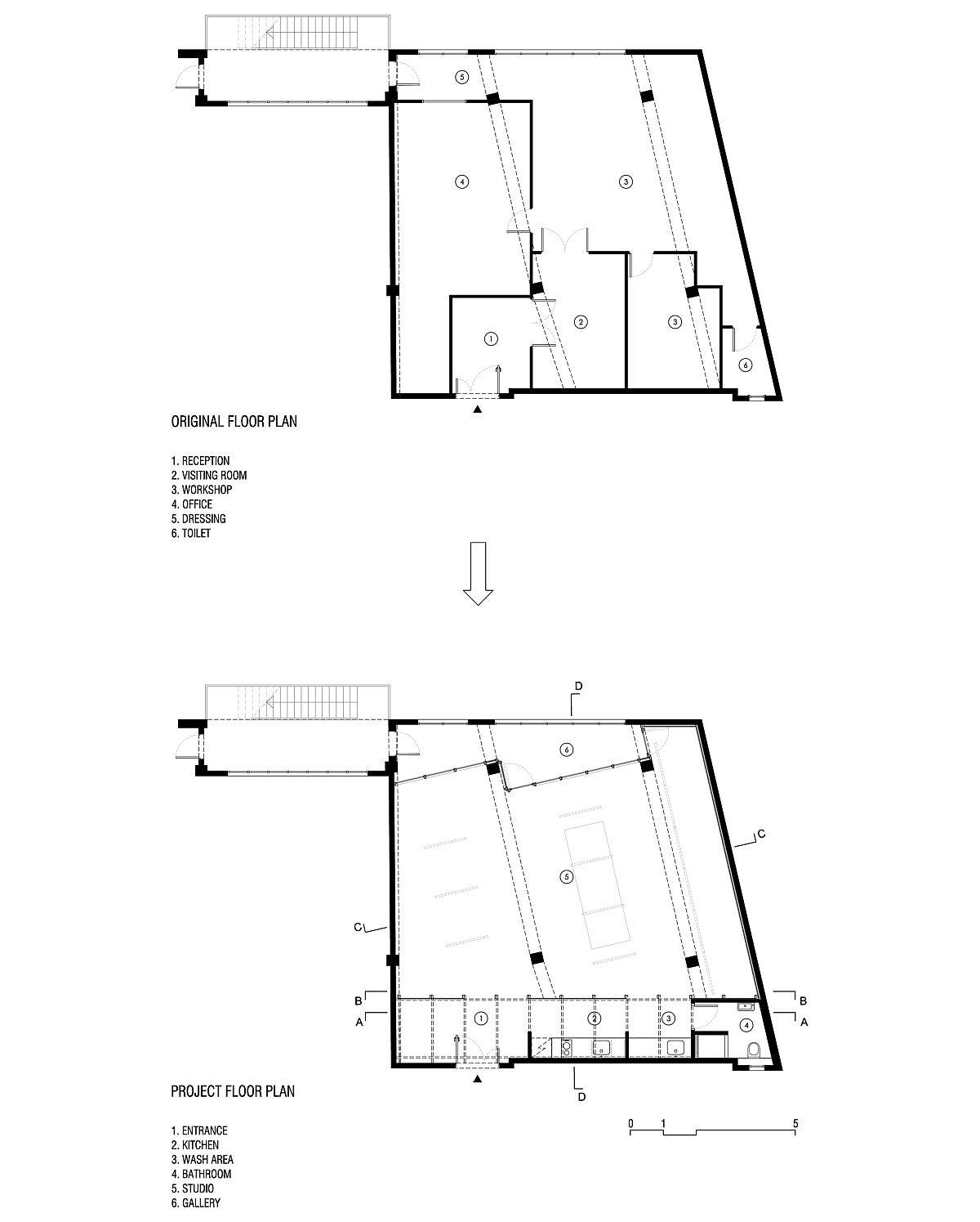 Original and renovated floor plan of Studio for Artist Victor Pérez-Porro in Barcelona