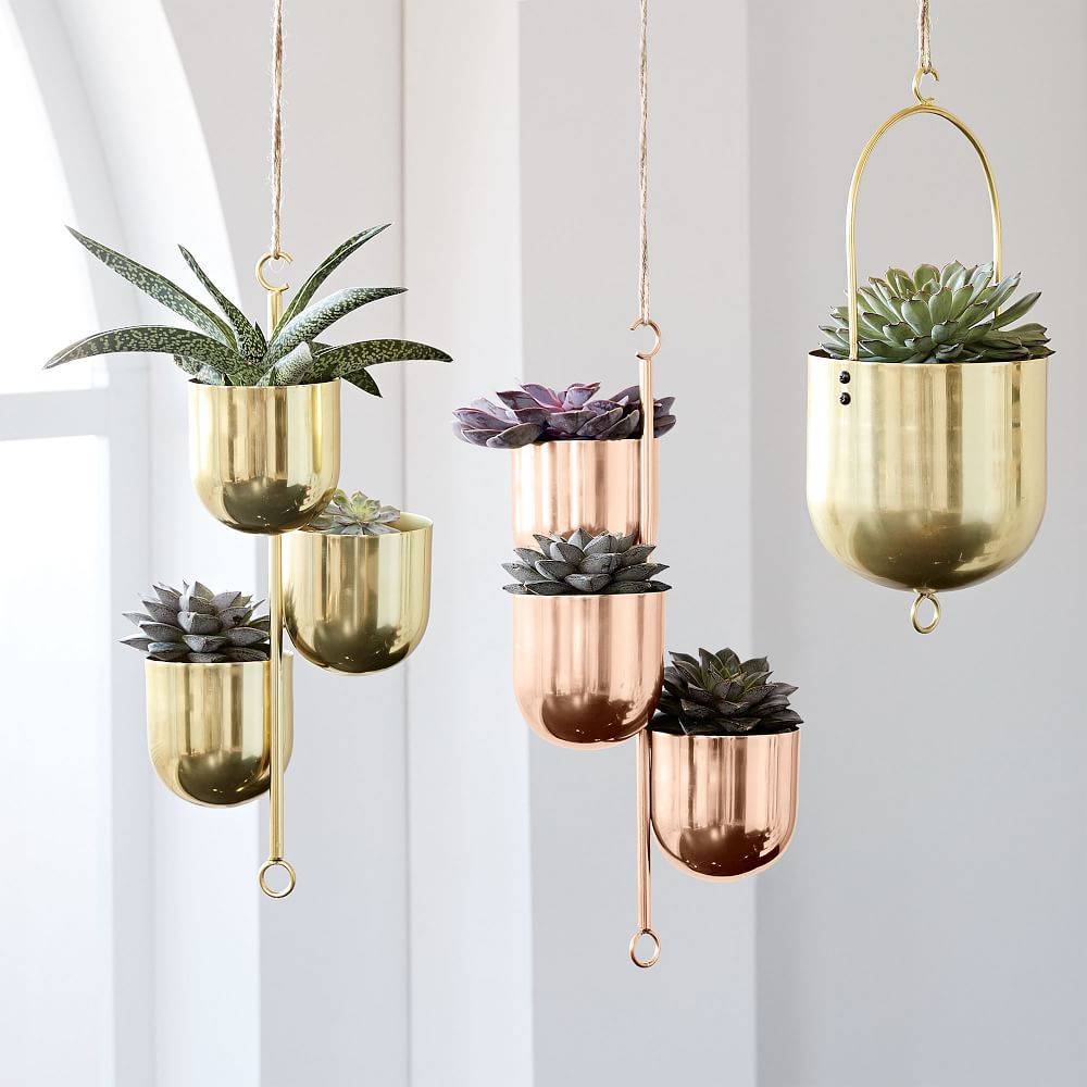 gold and bronze hanging planter bowls