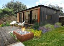 container home with lounge chairs and firepit
