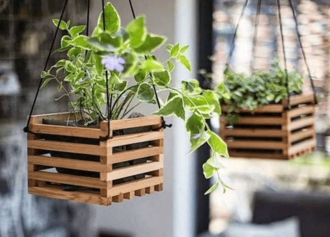 wooden crate planters hanging outdoors