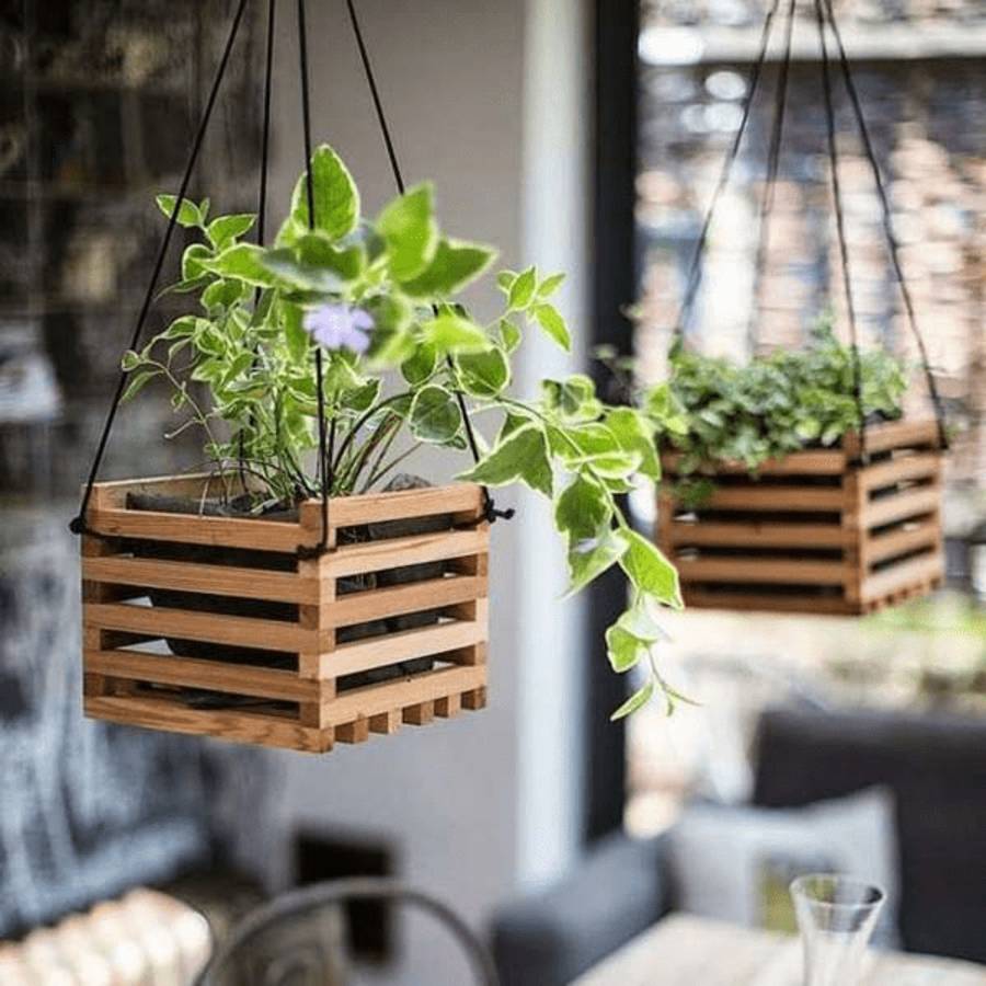 wooden crate planters hanging outdoors