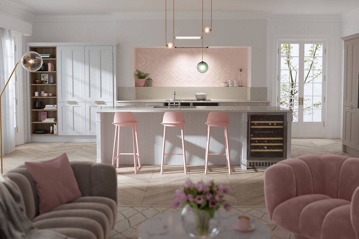Pink Cushioned Stools and Pendant Lamps