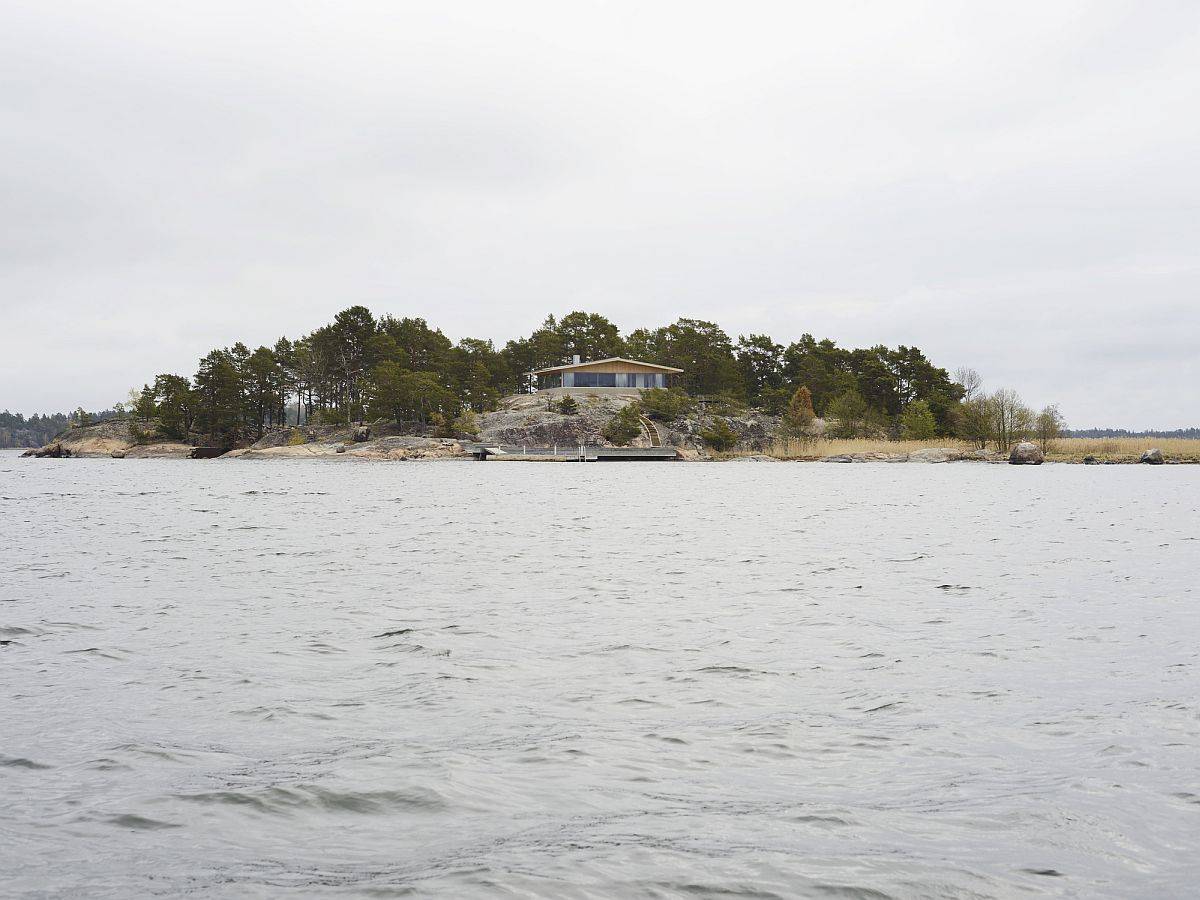 Private island home in sweden viewed from a distance