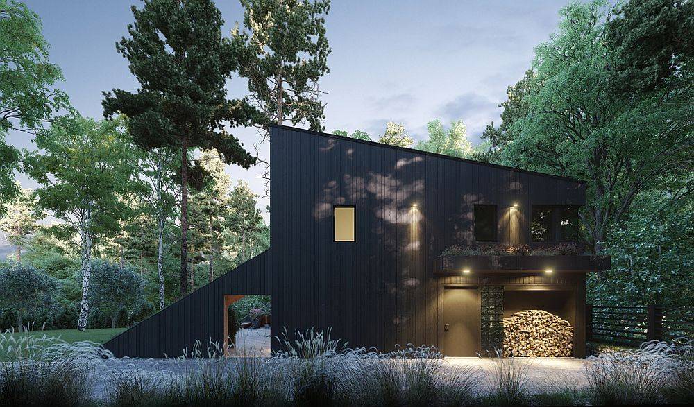 Section of the house completely clad in dark wood makes an instant impact