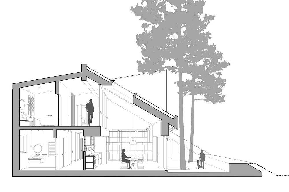 Sectional design plan of the modern eco-friendly house in Russia with a sloped green roof