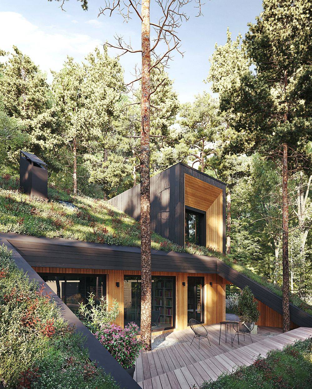 Small outdoor wooden deck of the green home with a fabulous live roof