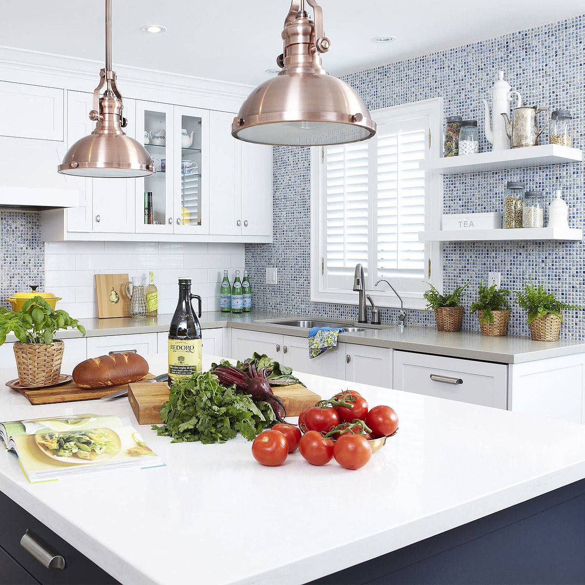 Tile Backsplash with Pendant Lamps