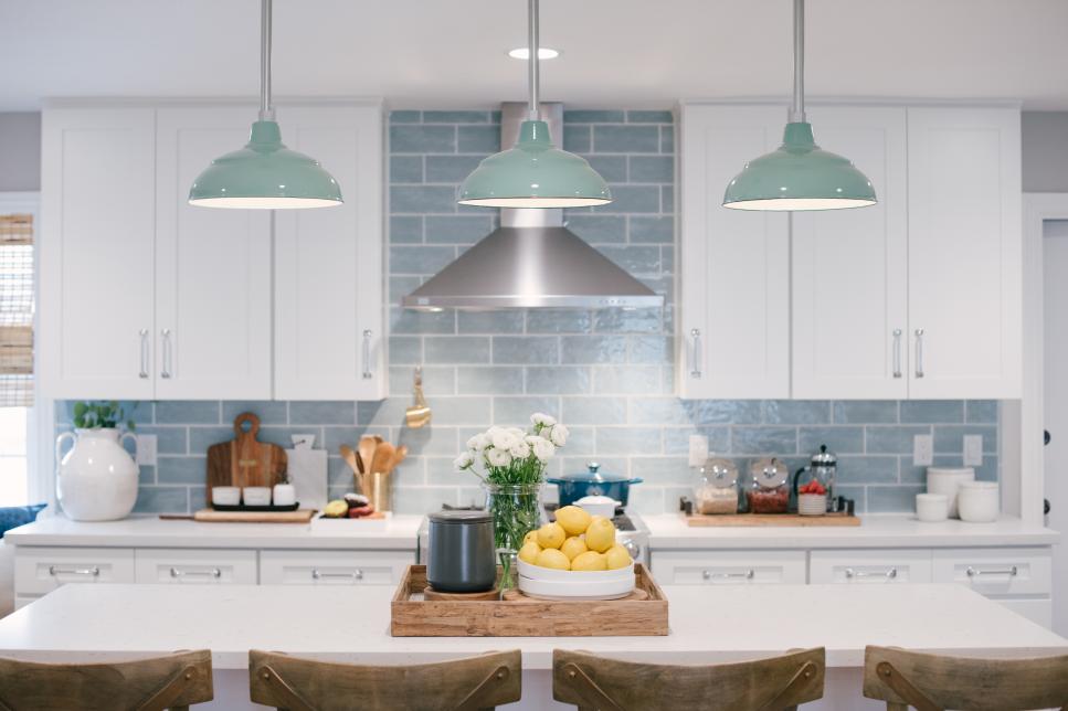 Tile Backsplash with Pendant Lamps.