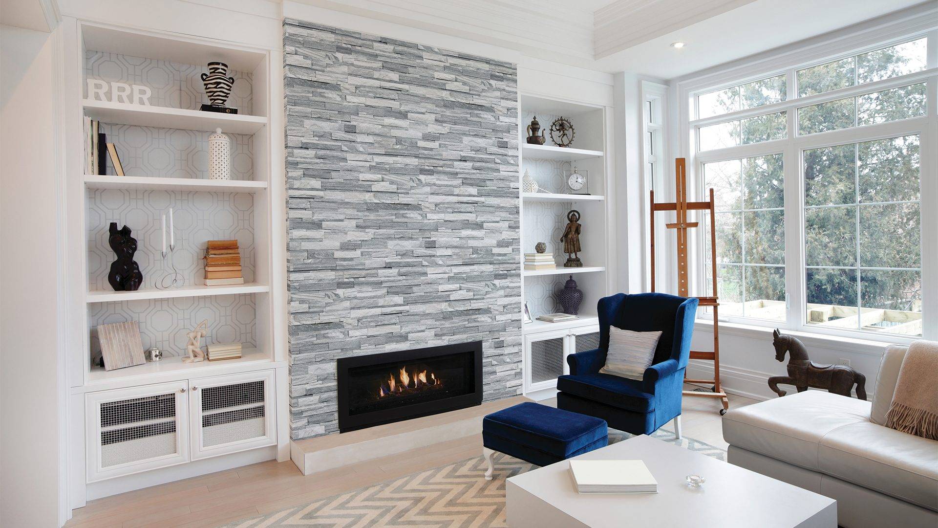 stacked stone fireplace