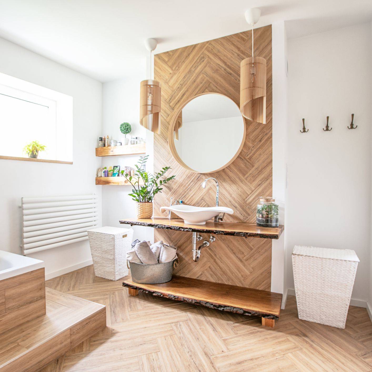 Warm Colored Wood Tile Bathroom With Special Lighting