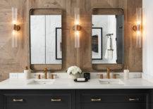 Warm Colored Wood Tile Bathroom With Special Lighting.