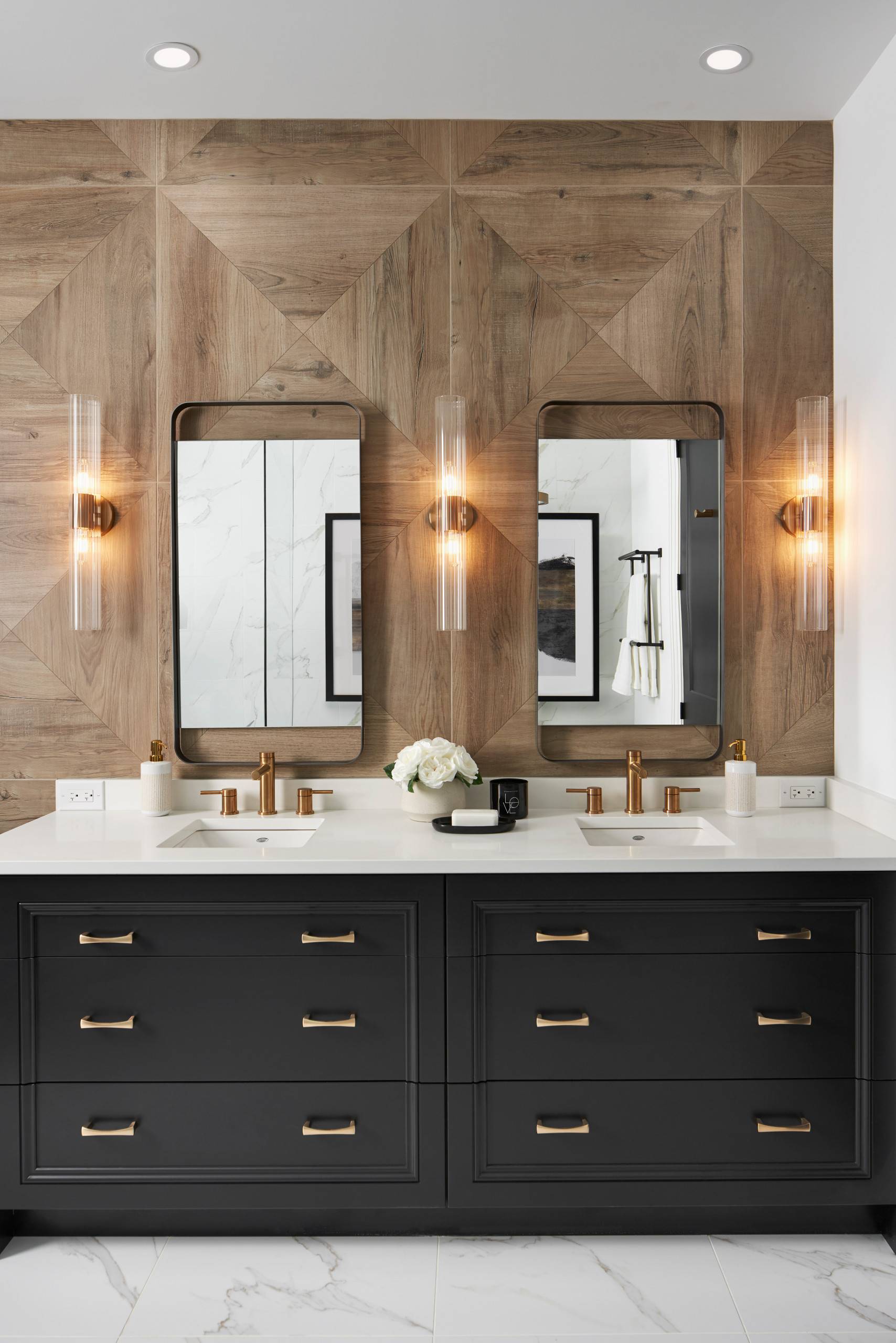 Warm Colored Wood Tile Bathroom With Special Lighting.