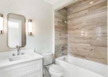 White Bathroom With Wood Tile Accent Wall