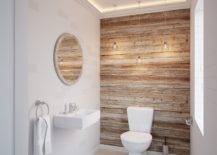 White Bathroom With Wood Tile Accent Wall.