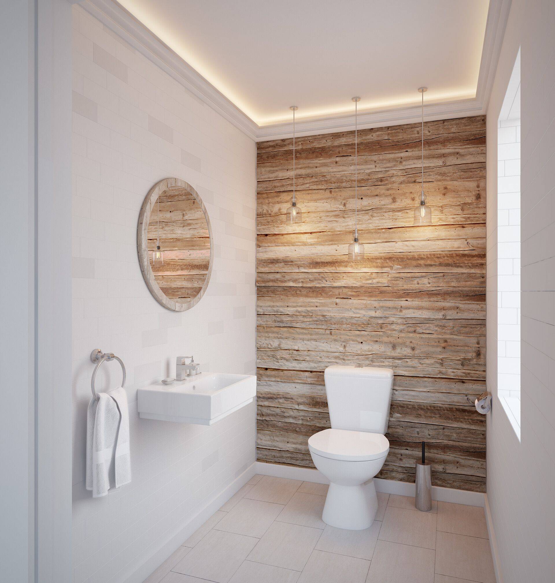 White Bathroom With Wood Tile Accent Wall.