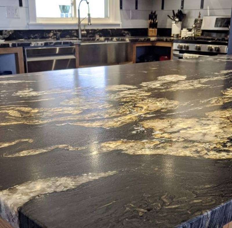 black and gold leathered granite kitchen countertop