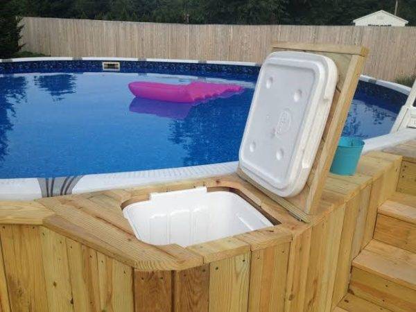 wooden table container around pool