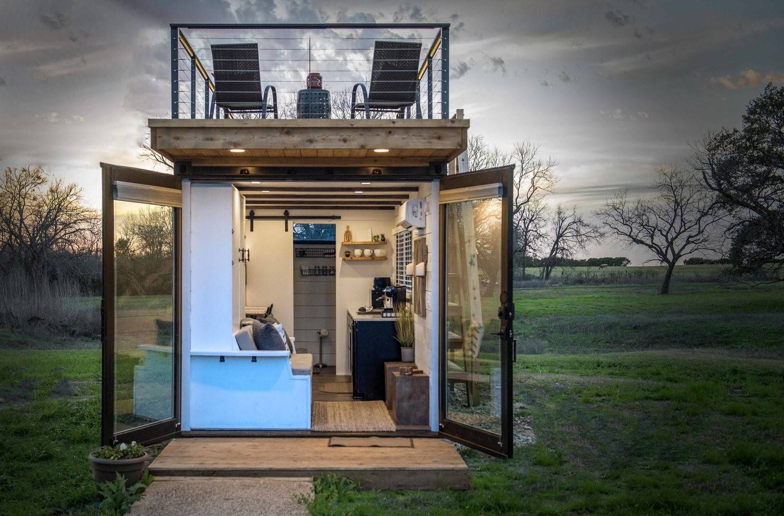 container home with rooftop deck and open concept back doors