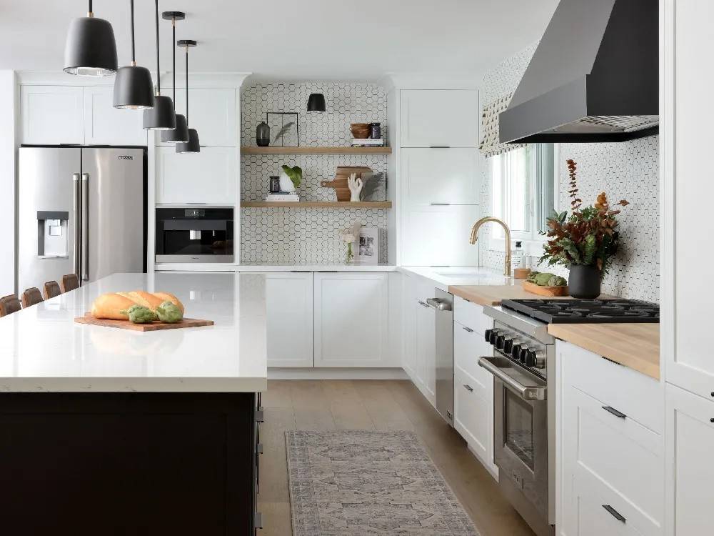 black and white kitchen paint theme with butcher block counters