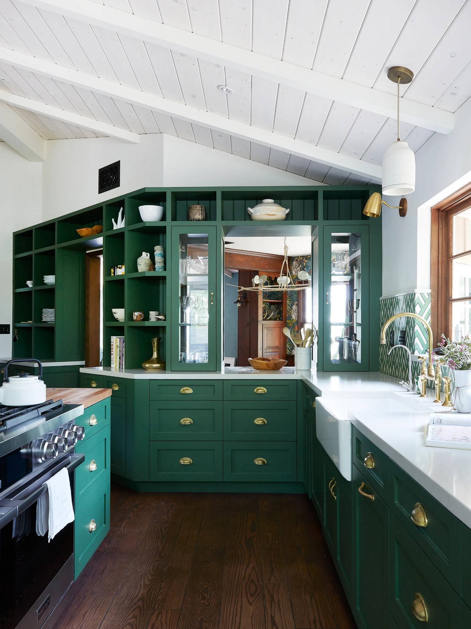 emerald green kitchen cabinets with gold hardware