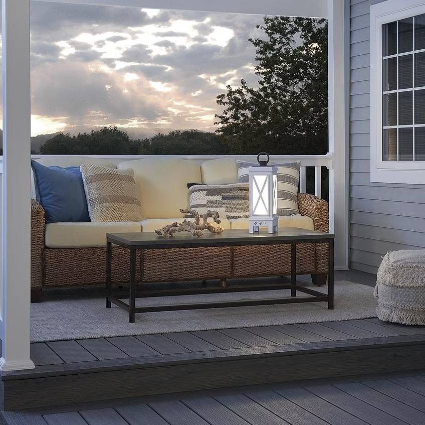 white lantern on patio table