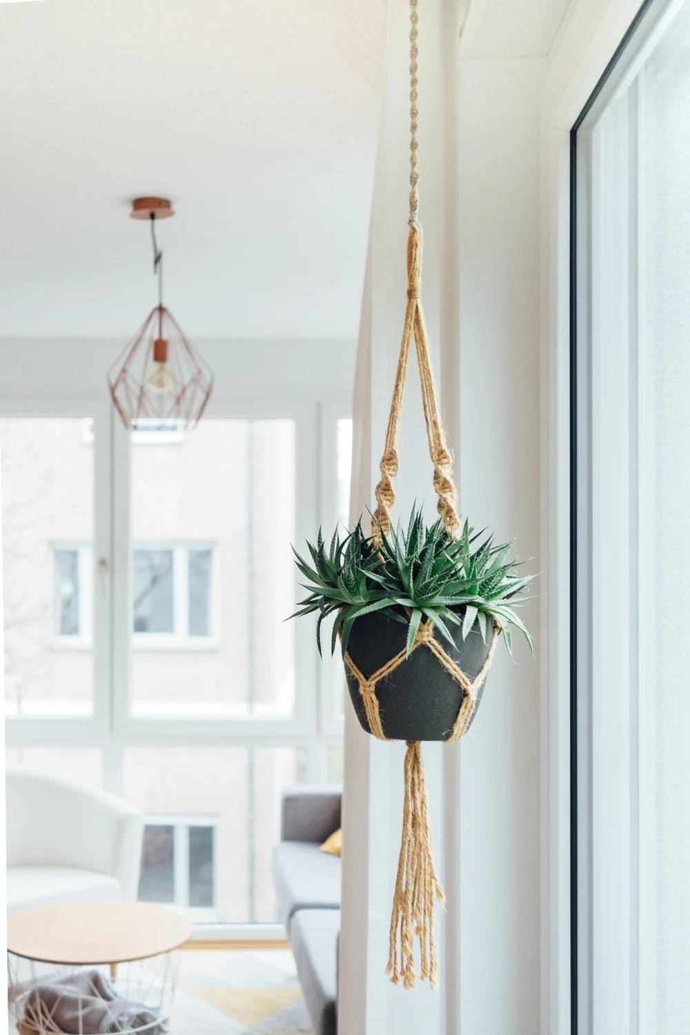 black planter with macrame hanging