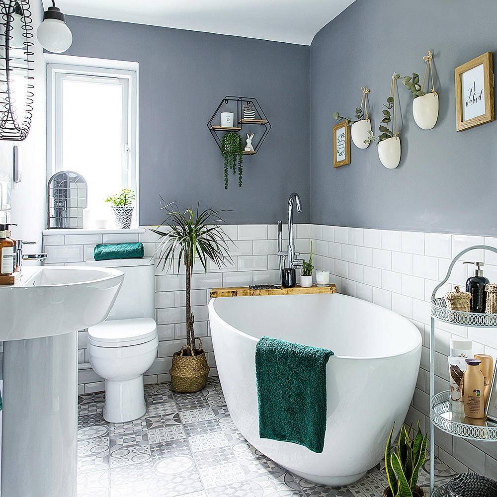 Gray bathroom with large tub