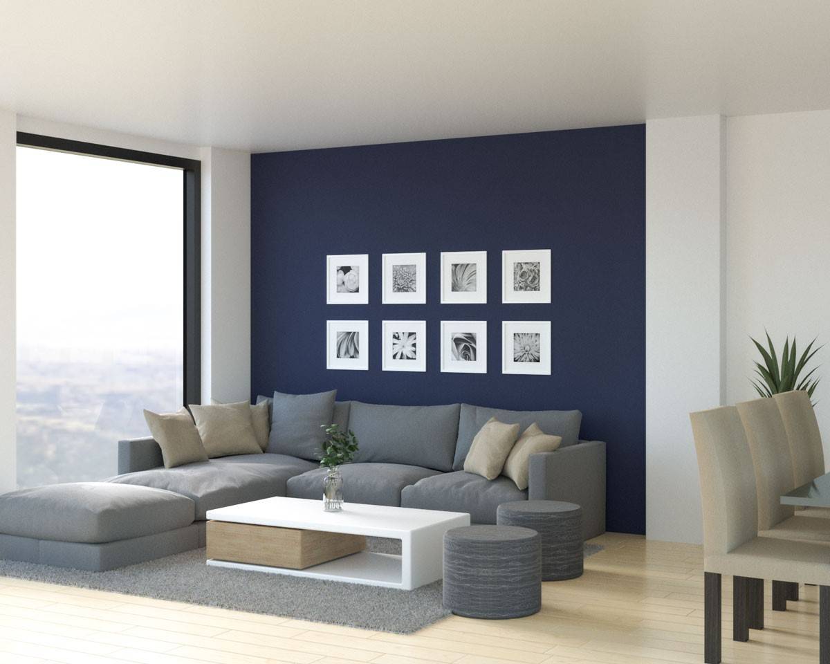 White Living Room With Blue Accent Wall