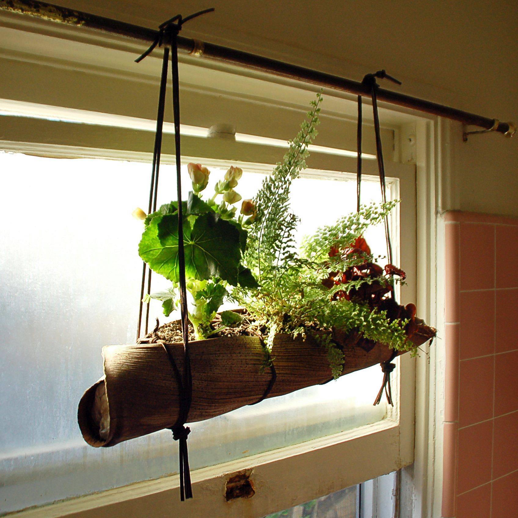 burlap wrapped cylinder hanging planter