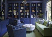 blue library bookshelf navy seats light green couch ottoman
