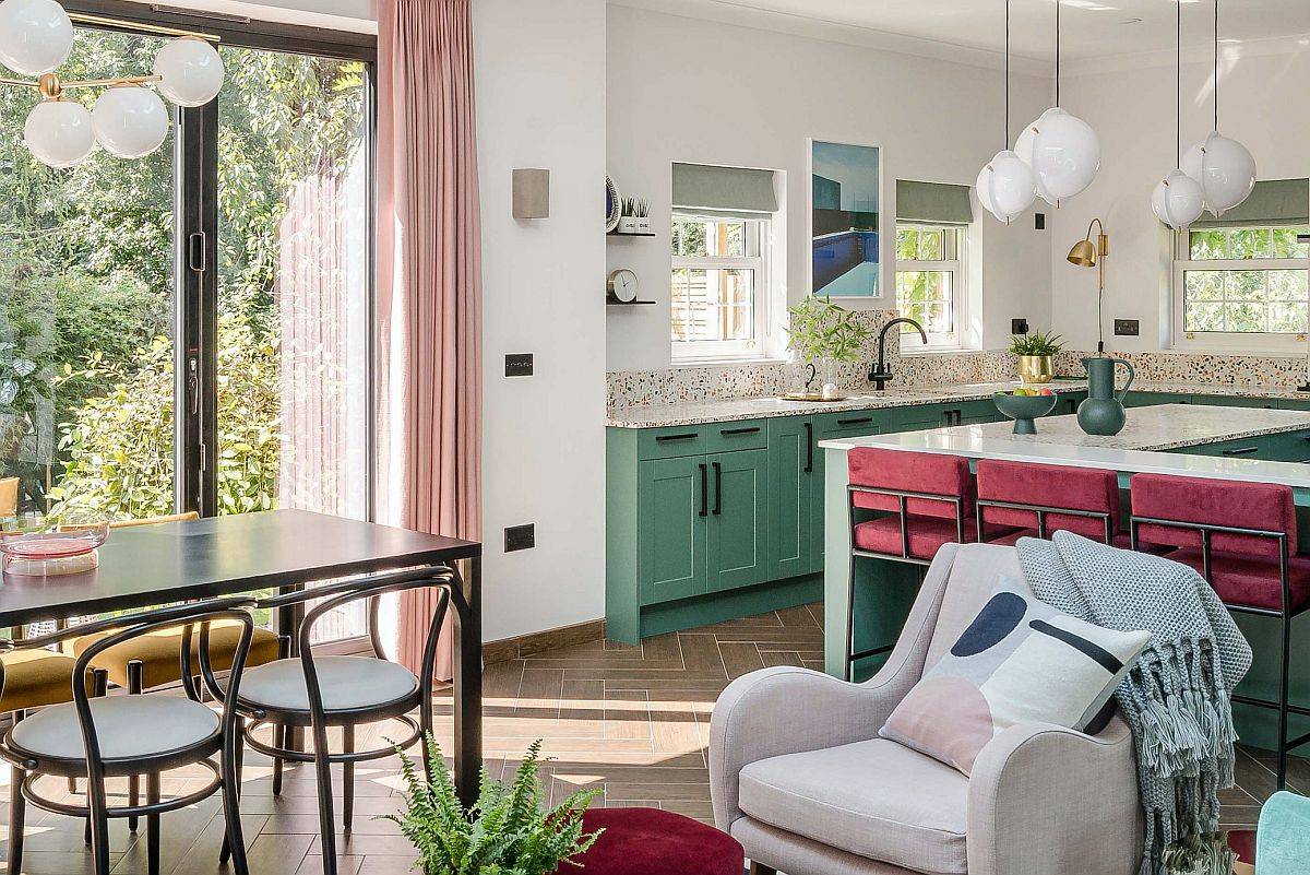 Brilliant combination of different shades of pink with lovely light green in the kitchen