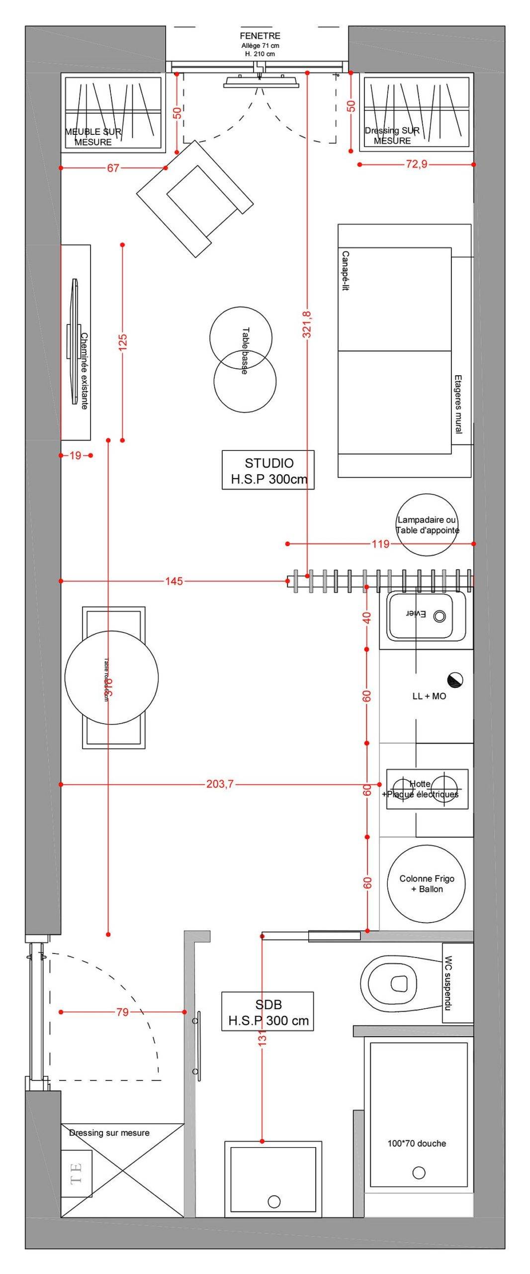 Floor plan for the small studio apartment that is just 18 square meters in size