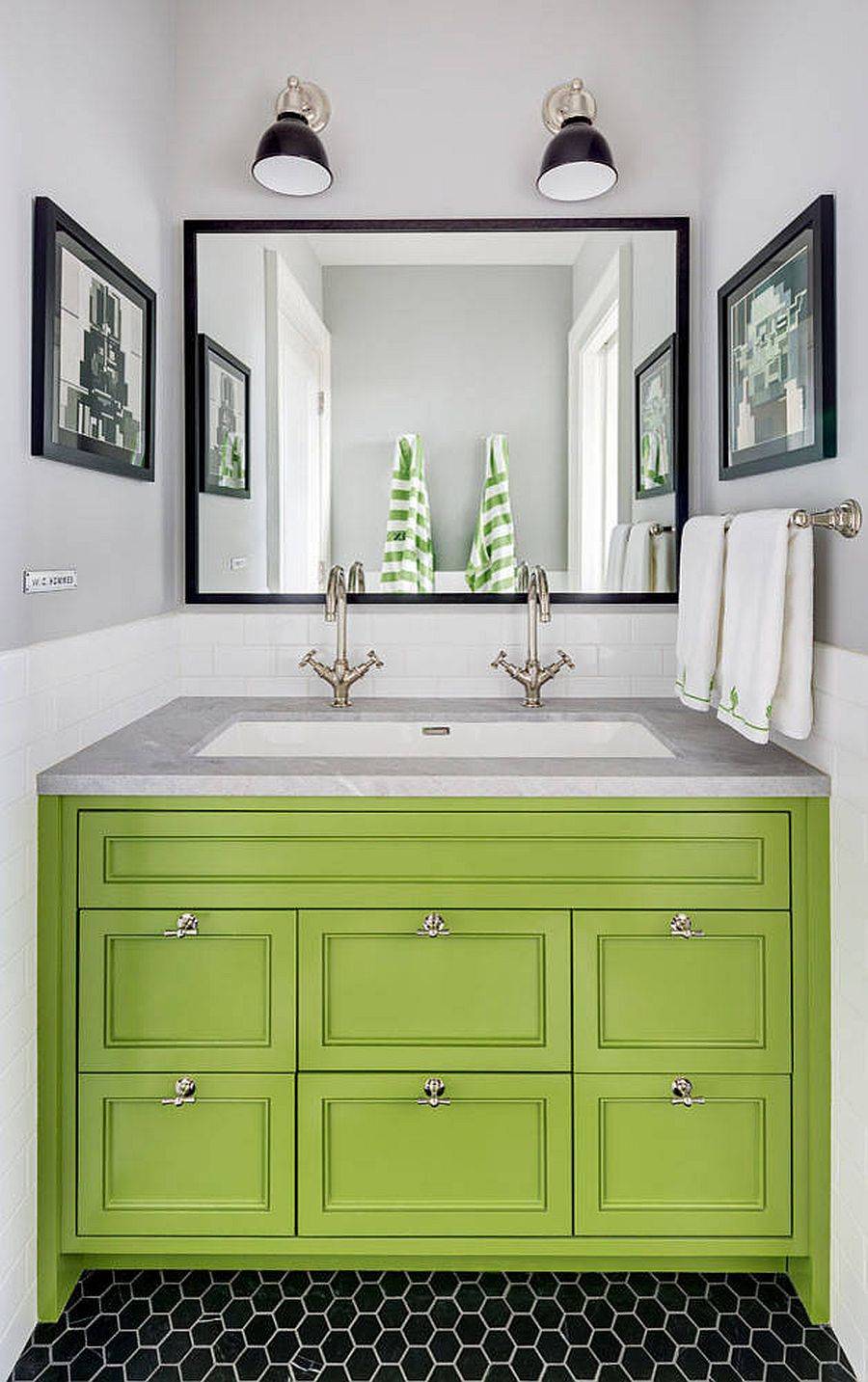 Polished powder room in Brooklyn with a lovely green vanity and gray walls