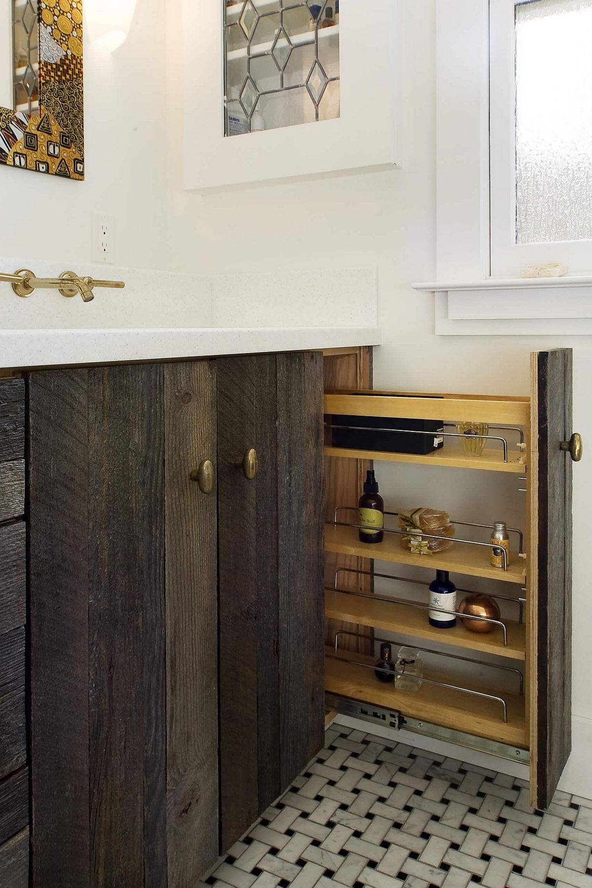 Roll-out drawers in the corner can store much more than those spice jars