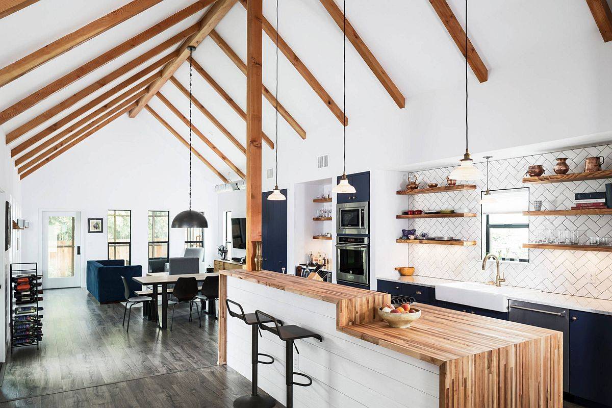 Snazzy kitchen island with wooden top is perfect for the spacious contemporary kitchen