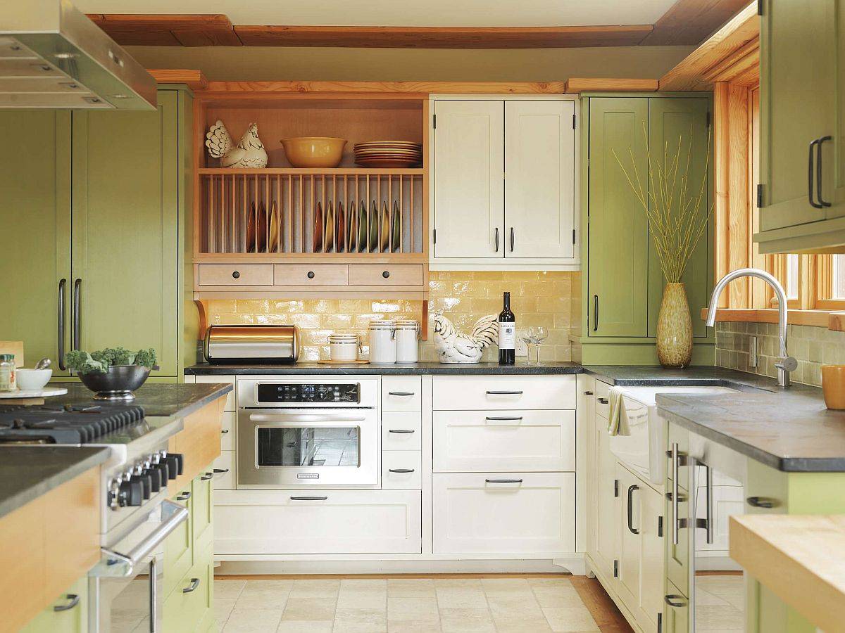 Trendy contemporary kitchen in yellow and green with midcentury touches