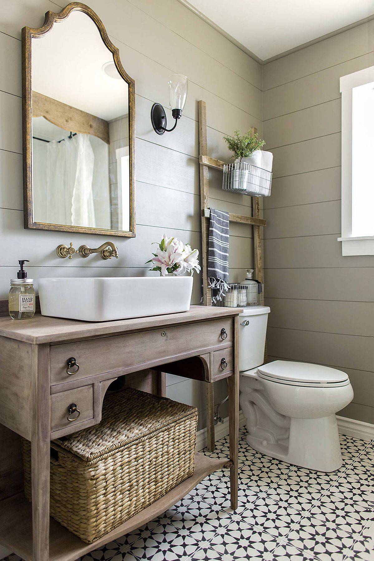 Wooden-vanity-mirror-frame-and-patterned-tiles-usher-in-farmhouse-style-81682