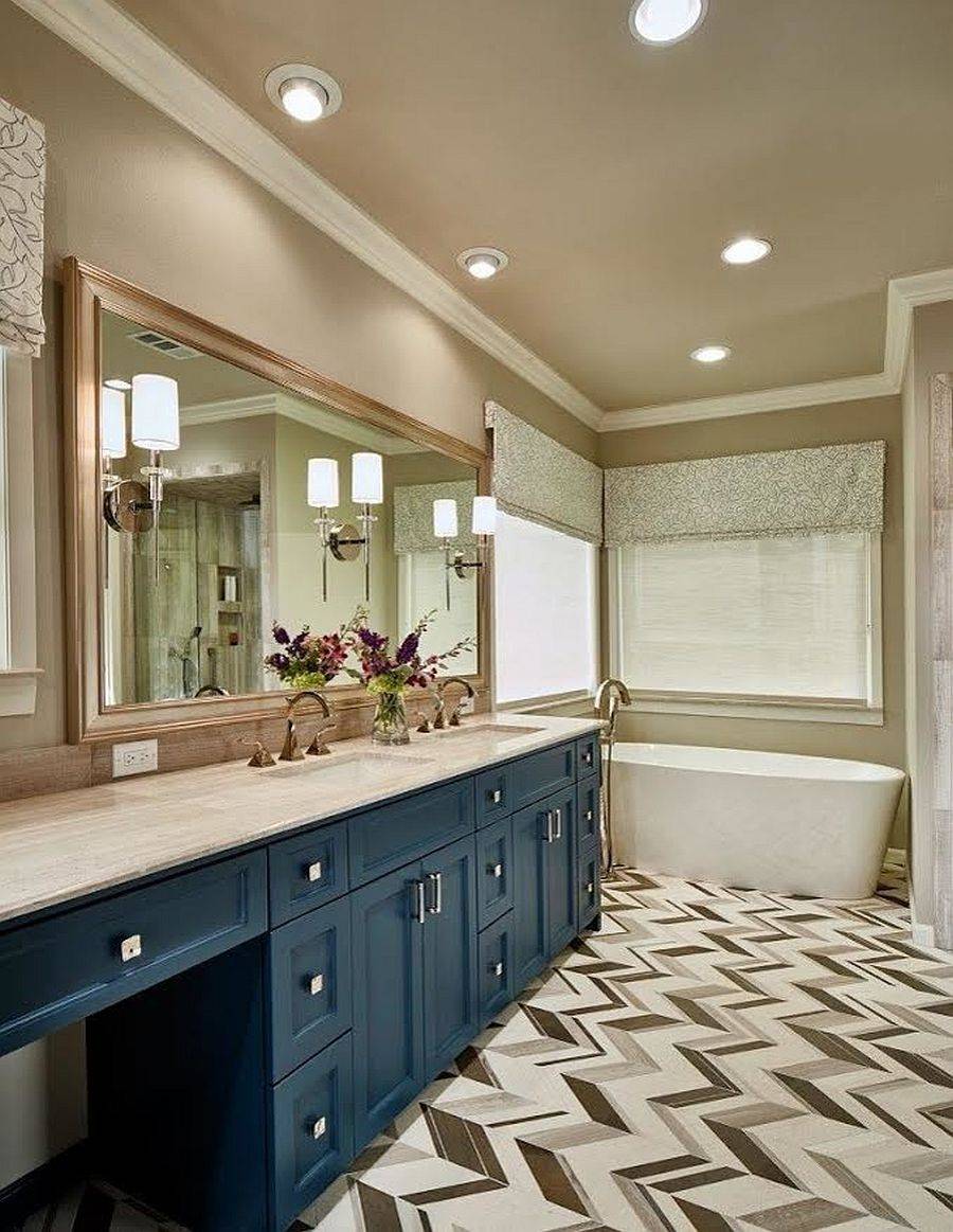 Beautiful floor tiles bring pattern to this posh contemporary bathroom