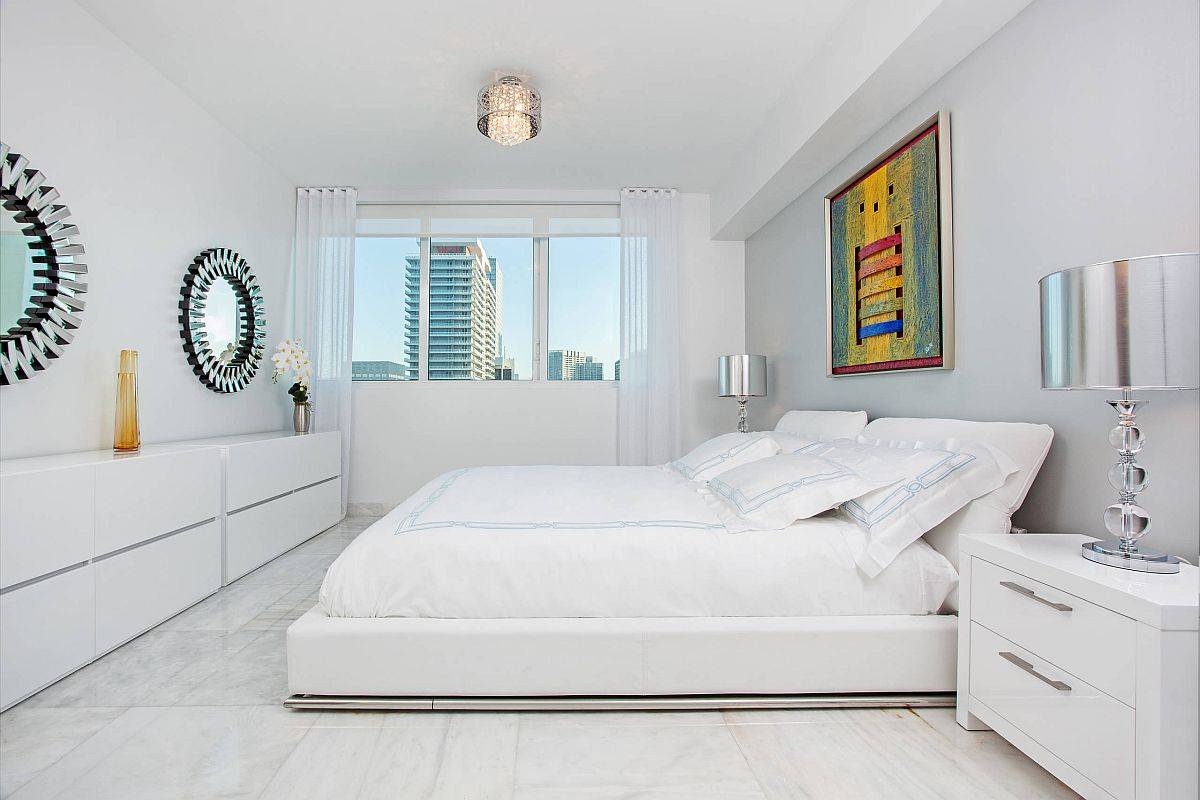 Contemporary Miami bedroom wth polished marble floor and white walls