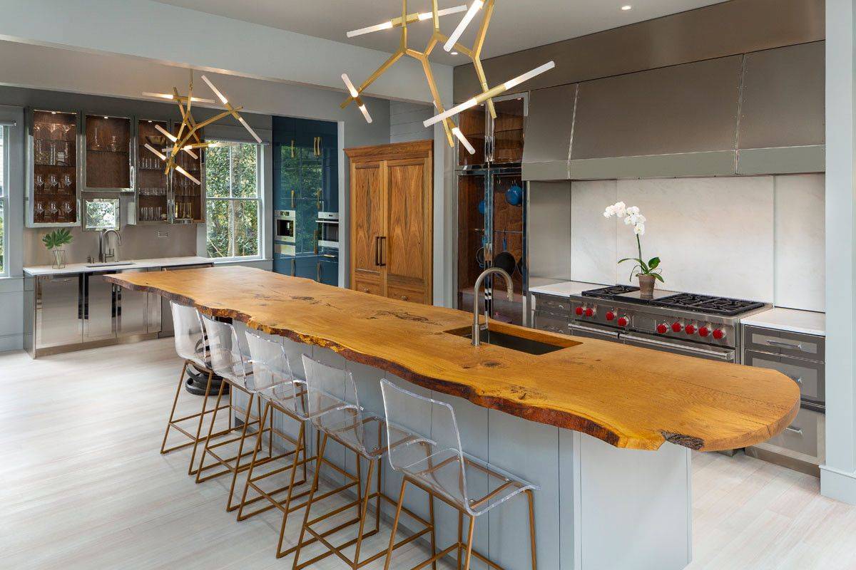 Custom island of eat-in kitchen with live-edge counter that wows!