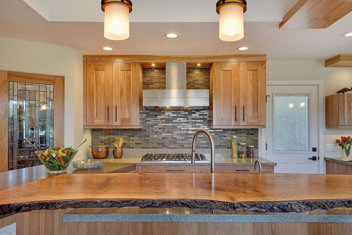 Kitchen island counter in live-edge brings natural warmth and elegance to the space