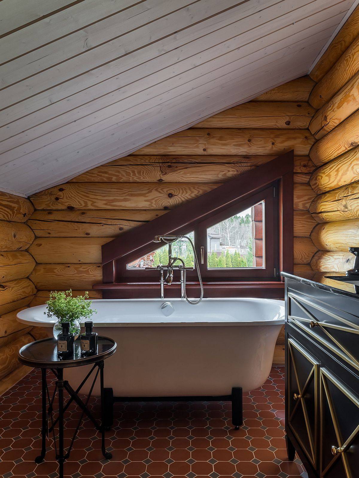 Tiny attic bathroom embraces the modern rustic style gleefully