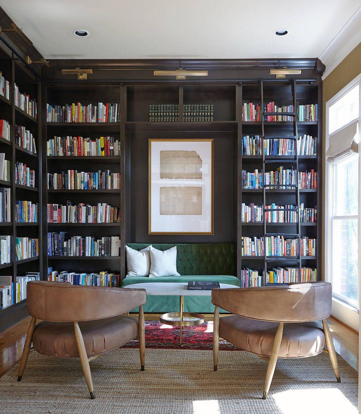 Wall of books all around the room steal the spotlight in here