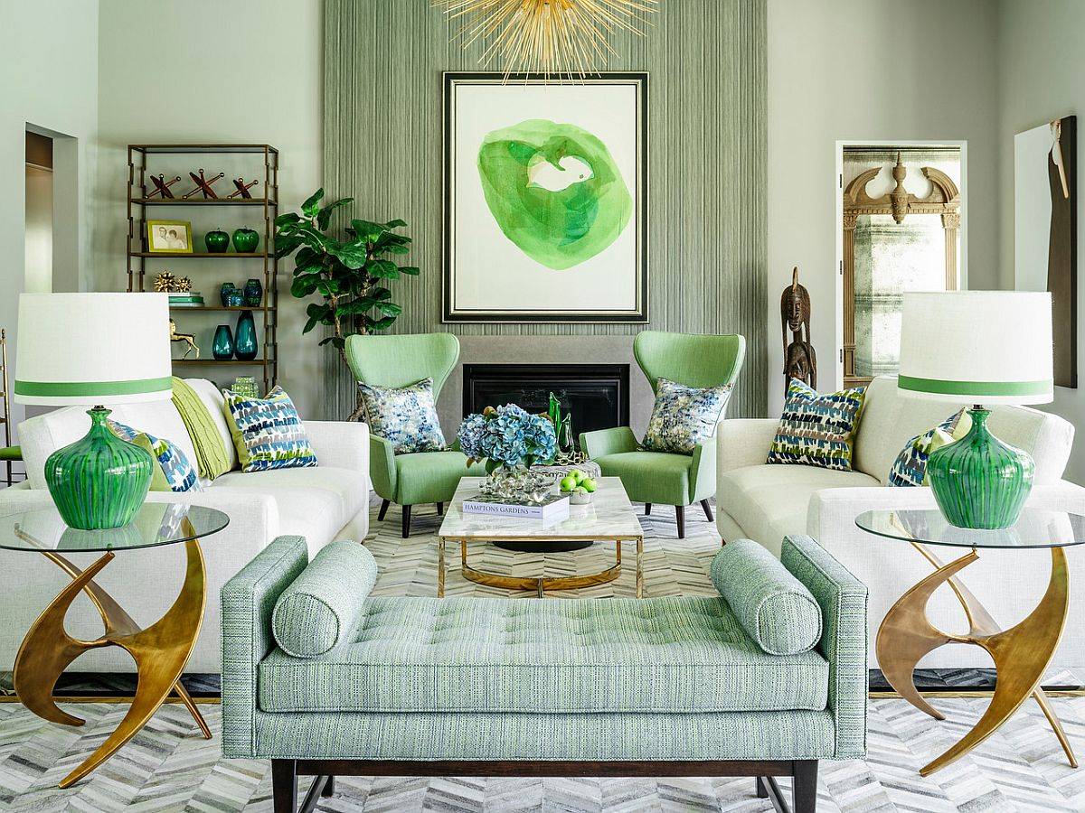 Curated use of different shades of green throughout the living space