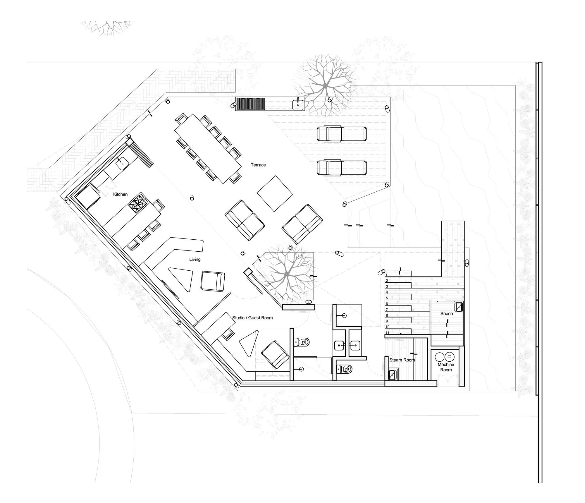 Ground level floor plan of Barrenechea House Extension designed by Cafeina Design in Santa Cruc, Bolivia