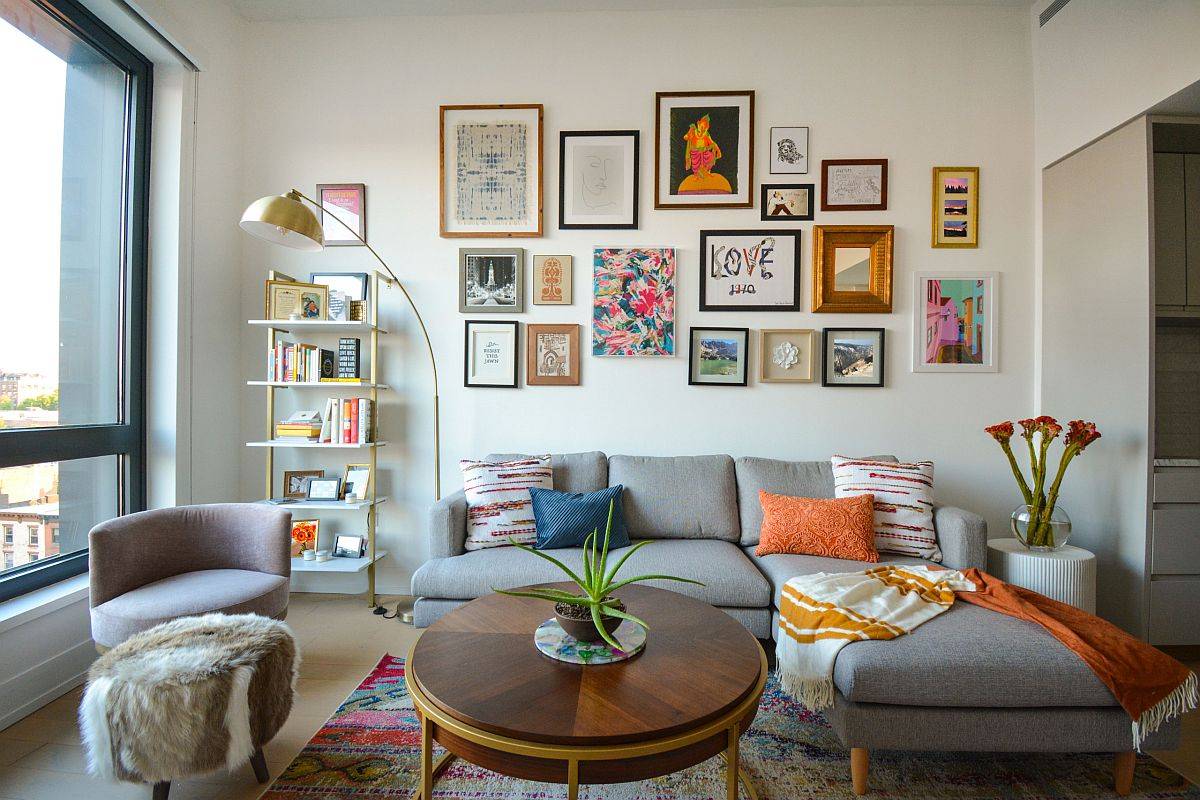 Tiny living room with a gallery wall that adds color to the small setting