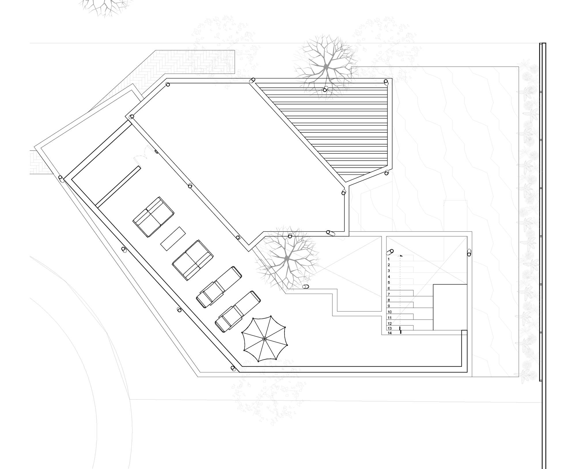 Upper level floor plan of Barrenechea House Extension designed by Cafeina Design in Santa Cruc, Bolivia